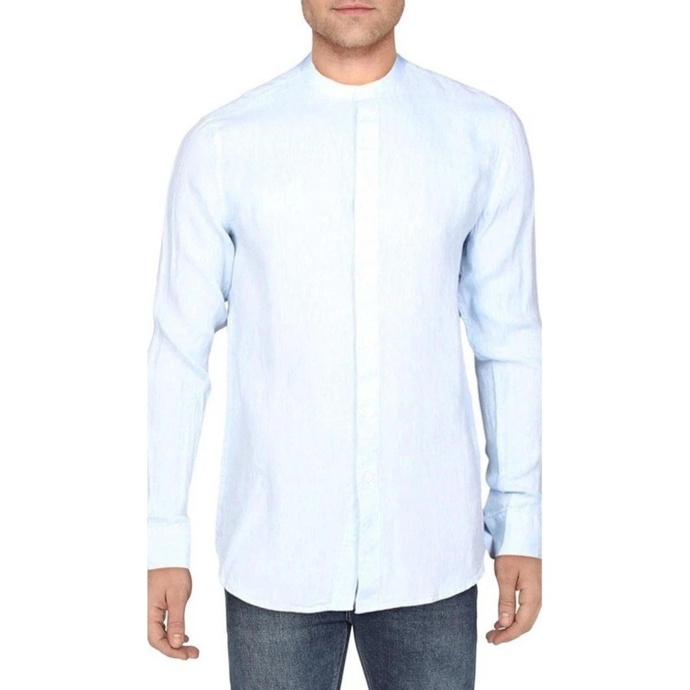Tasso Elba‎ Light Blue Banded Collar 100% Linen Button Up Shirt Men's 3XL